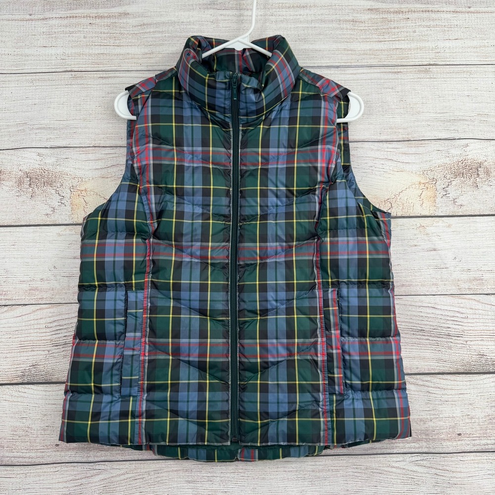 Lands' End Puffer Vest Women M/P Green Blue Plaid Down Fill Full Zip 489120